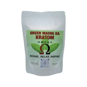Close-up of Green Maeng Da Kratom bag, 100% organic, available for online purchase in Canada through Omega Full Potential.