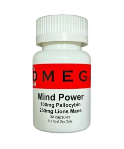 Mind Power Microdose bottle, combining 100mg organic psilocybin and 250mg lion's mane mushroom, by Omega Full Potential for cognitive enhancement and mental health support.