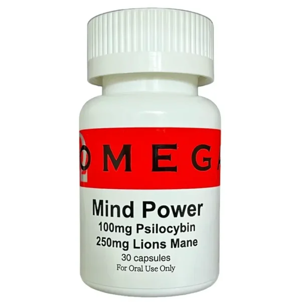 Mind Power Microdose bottle, combining 100mg organic psilocybin and 250mg lion's mane mushroom, by Omega Full Potential for cognitive enhancement and mental health support.