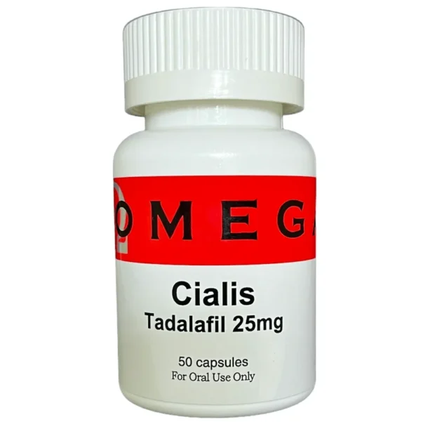 White bottle of Omega Cialis Tadalafil 25mg capsules for erectile dysfunction treatment.