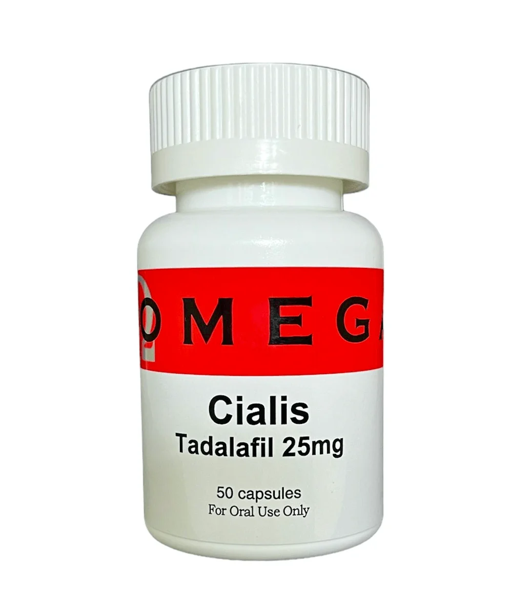 White bottle of Omega Cialis Tadalafil 25mg capsules for erectile dysfunction treatment.
