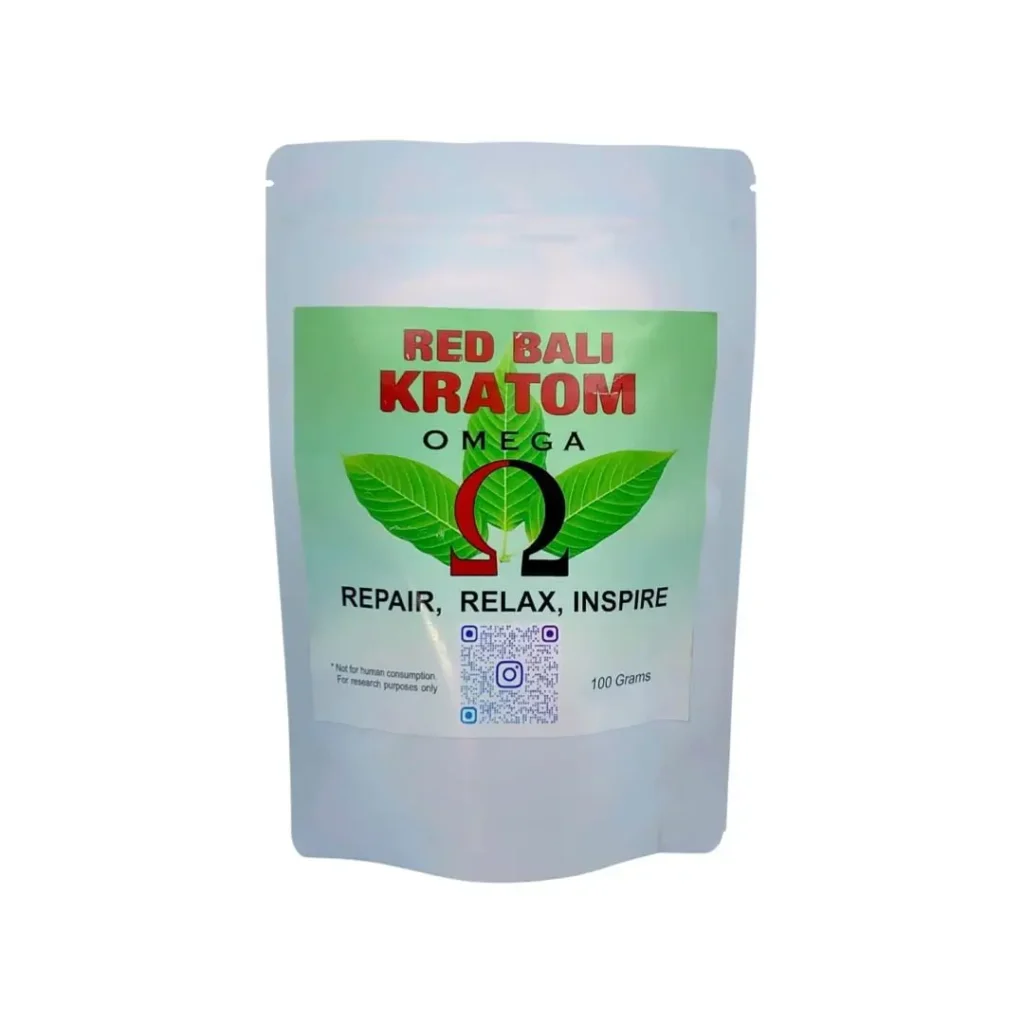 Close-up view of Red Bali Kratom bag, organic and laboratory-tested, available at Omega Full Potential for natural pain relief and mood enhancement.