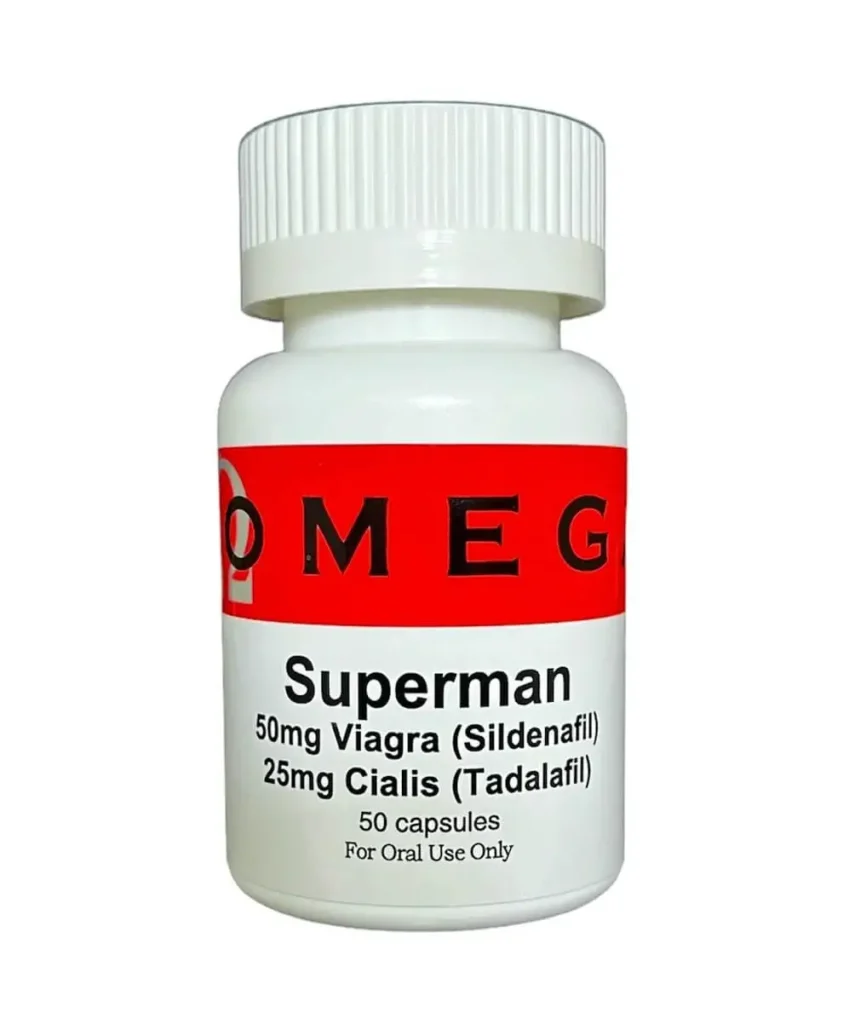 Image of Superman Pills Canada, a blend of Viagra (Sildenafil) and Cialis (Tadalafil), for erectile dysfunction and male enhancement.