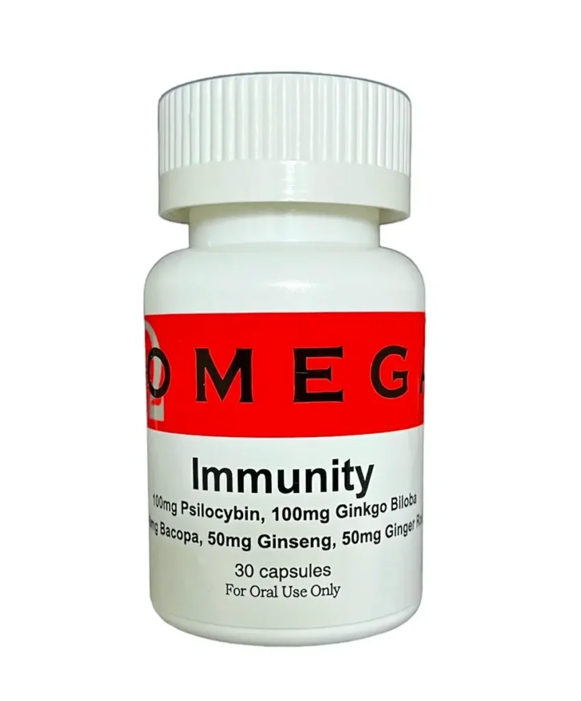 Close-up of Immunity Micro Dose Capsules bottle, containing organic psilocybin, Gingko Biloba, Bacopa, Ginseng, and Ginger root, from Omega Full Potential.