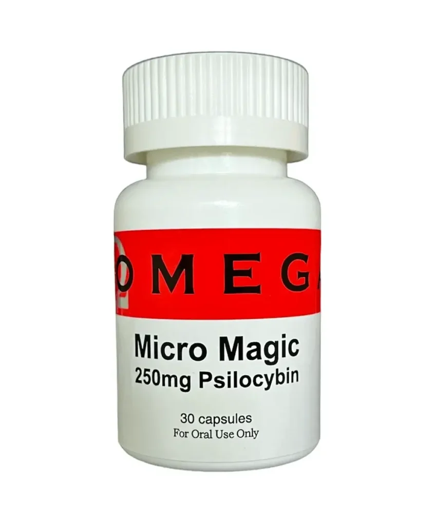 Micro Magic Microdose Capsules bottle with 250mg organic psilocybin for therapeutic benefits in mental health, by Omega Full Potential.