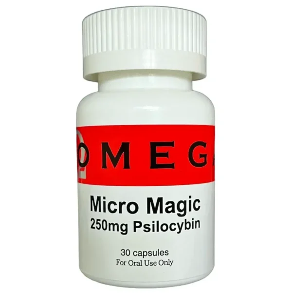 Micro Magic Microdose Capsules bottle with 250mg organic psilocybin for therapeutic benefits in mental health, by Omega Full Potential.