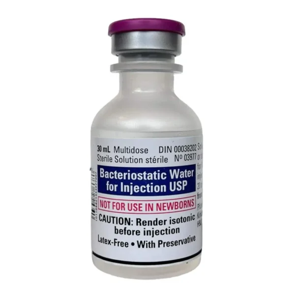 Bacteriostatic water for injection in a 30ml vial with benzyl alcohol, used for diluting peptides, from Omega Full Potential.