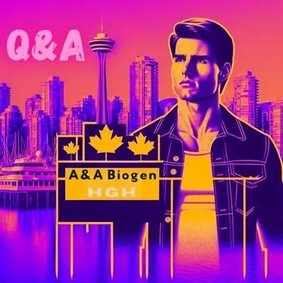Illustration of a Tom Cruise lookalike promoting A&A Biogen HGH against a vibrant Vancouver skyline.