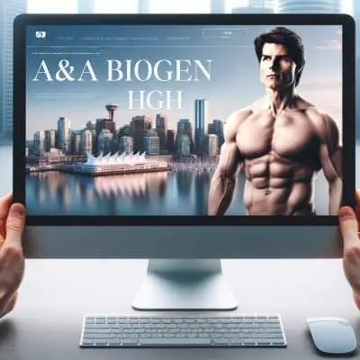 A&A Biogen HGH advertisement with a muscular figure and Vancouver skyline.