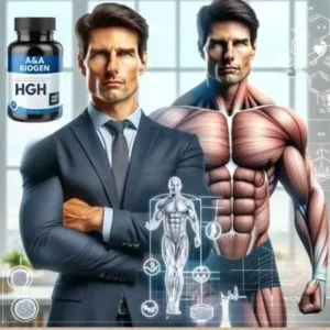 Muscular Tom Cruise lookalike presenting A&A Biogen HGH, symbolizing strength and vitality.