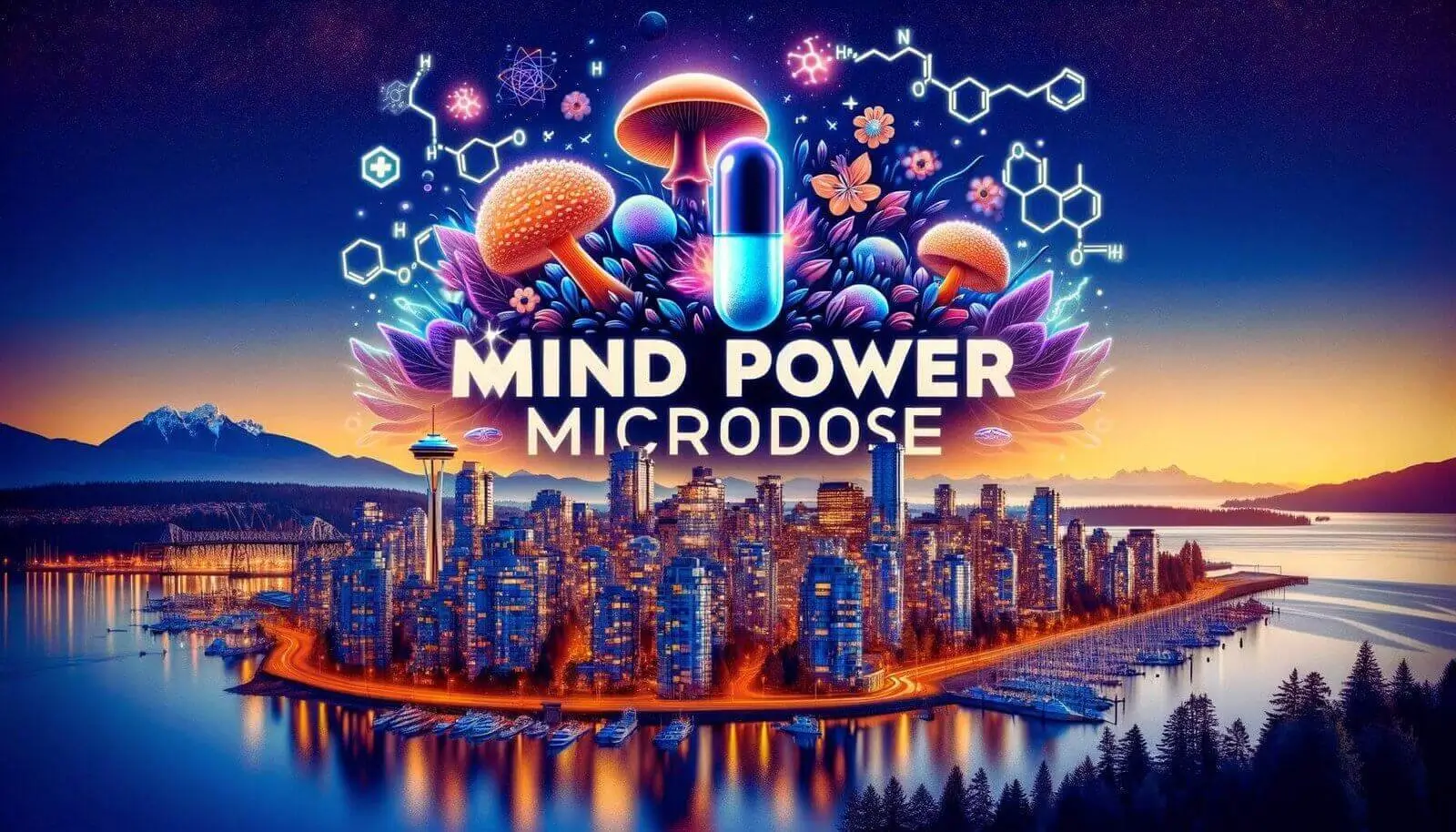 Vibrant image of Mind Power Microdose against a twilight Vancouver backdrop with glowing psilocybin motifs and city lights.