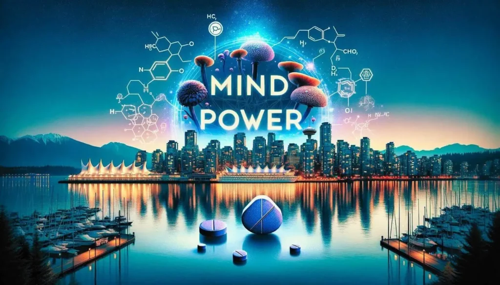 Mind Power capsules hover above reflective waters with Vancouver skyline and mountains at dusk.