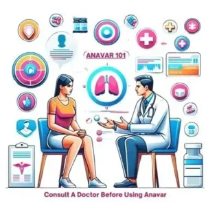 A female athlete consulting with a doctor about Anavar usage, surrounded by medical icons illustrating the drug's impact on muscle and tissue health.