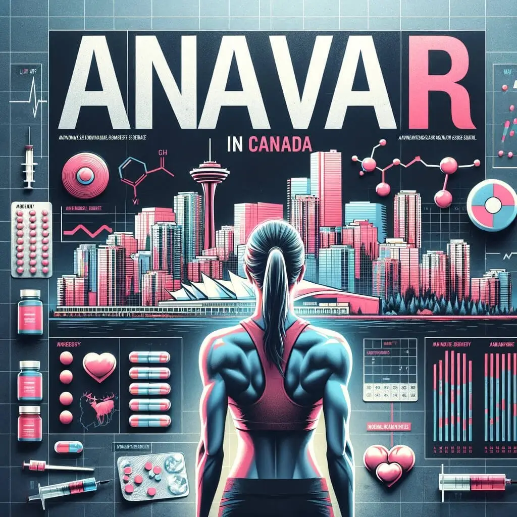 Stylized image of a female athlete overlooking a cityscape with 'ANAVAR IN CANADA' text, surrounded by fitness and medical icons.
