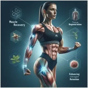 Illustration of a fit female athlete with icons depicting the benefits of Anavar, including muscle recovery and tissue regeneration, in a fitness context.