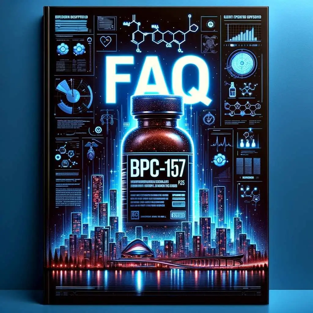 Digital image of BPC-157 supplement with FAQ neon sign over a nighttime cityscape reflecting in water.