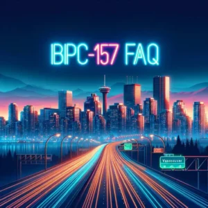 Neon-lit BPC-157 FAQ sign over a twilight Vancouver skyline, symbolizing cutting-edge health insights.