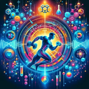 Artistic depiction of a runner in a cosmic setting with BPC-157 peptide science symbols.