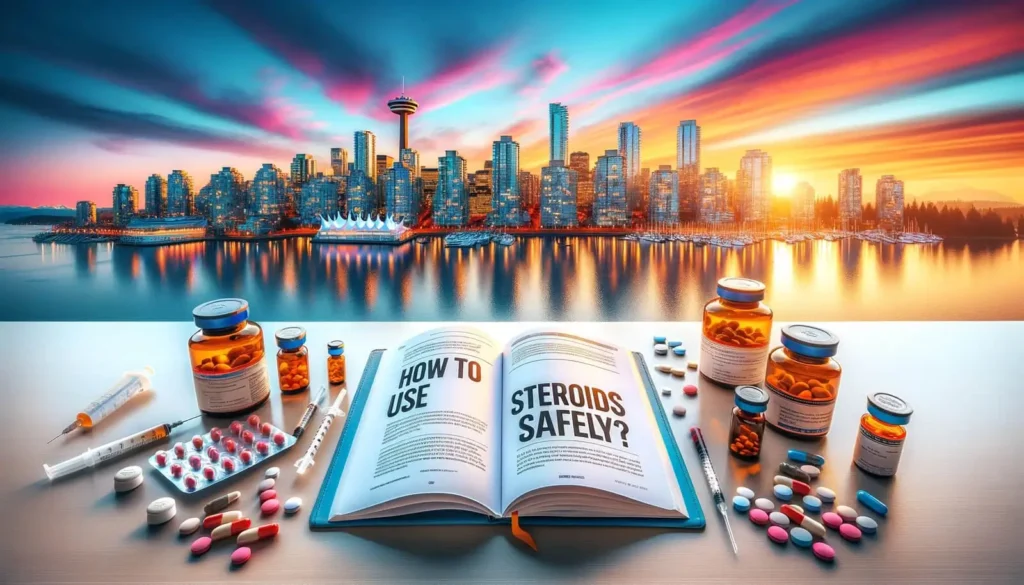 Open book on safe steroid usage with bottles and syringes on a desk against the backdrop of a Canadian city skyline at sunset.