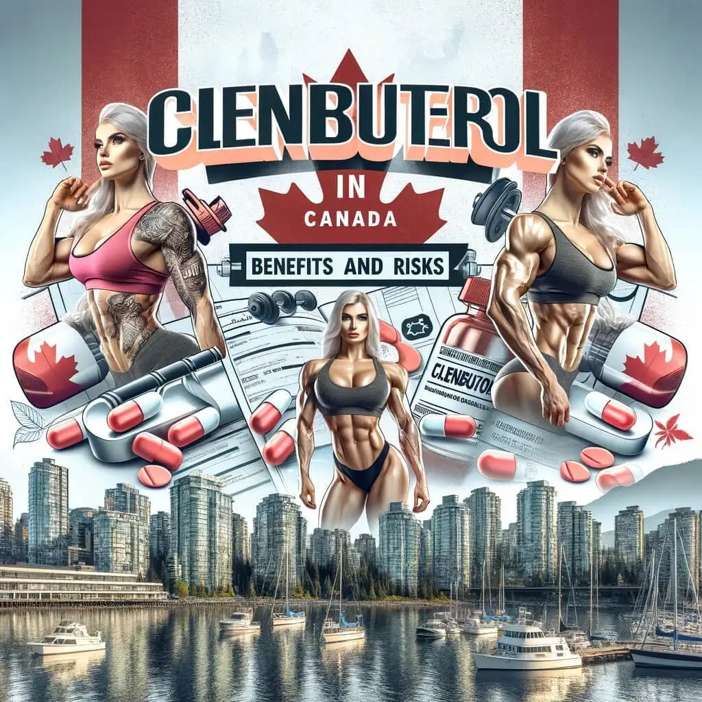 Two muscular women flank a guide on safely using Clenbuterol, set against a Canadian cityscape and maple leaf, highlighting the steroid's use in Canada.