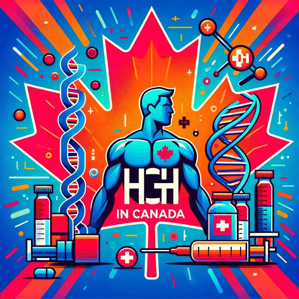 Illustrative image of a superhero figure with HGH logo, surrounded by DNA and medical symbols, emphasizing Human Growth Hormone therapy in Canada.