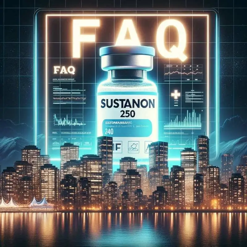 Sustanon 250 FAQ with a glowing jar over the Vancouver skyline at night.