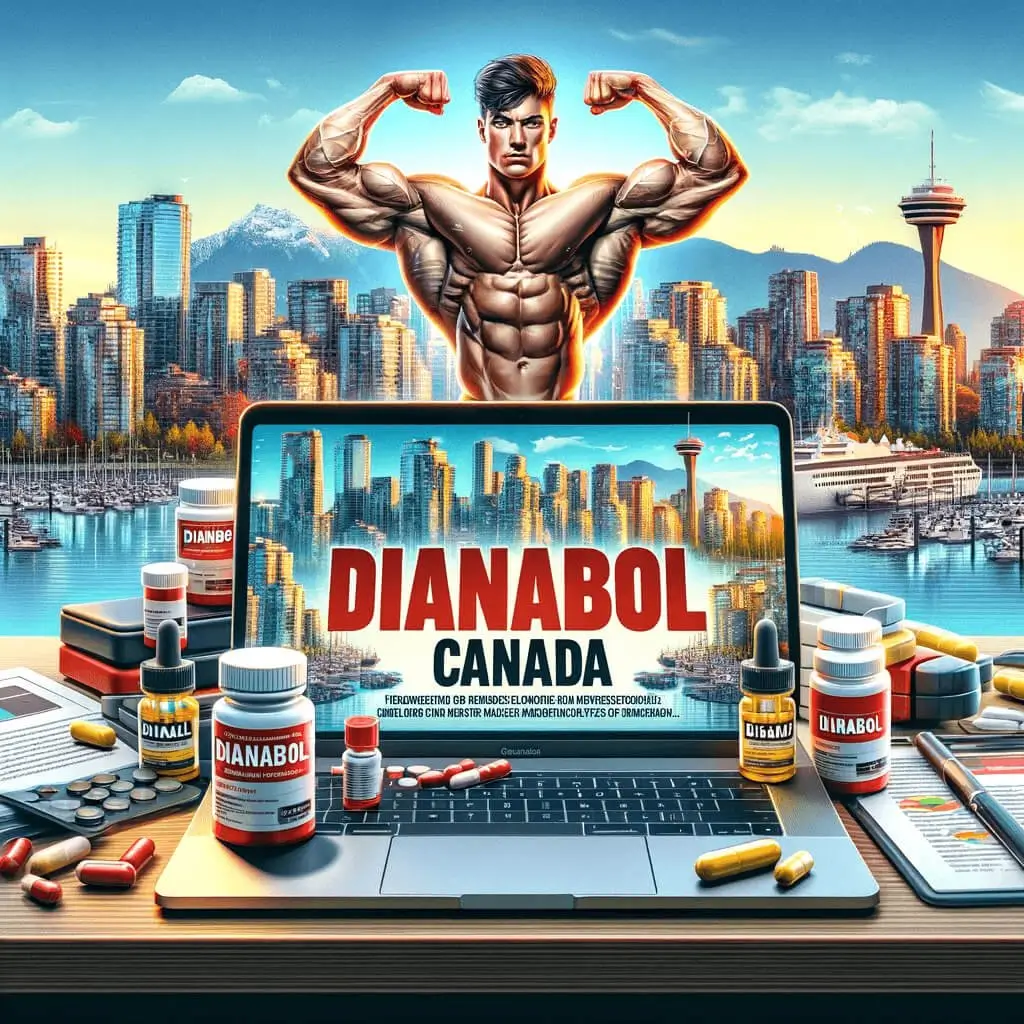 Artistic representation of a muscular superhero with 'Dianabol Canada' on a laptop, signifying the muscle-building effects of the steroid in a Canadian city setting.