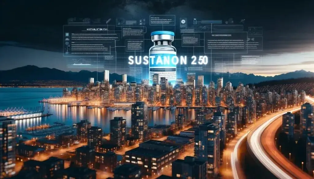 Interactive Sustanon 250 guide with detailed annotations over an urban nightscape.