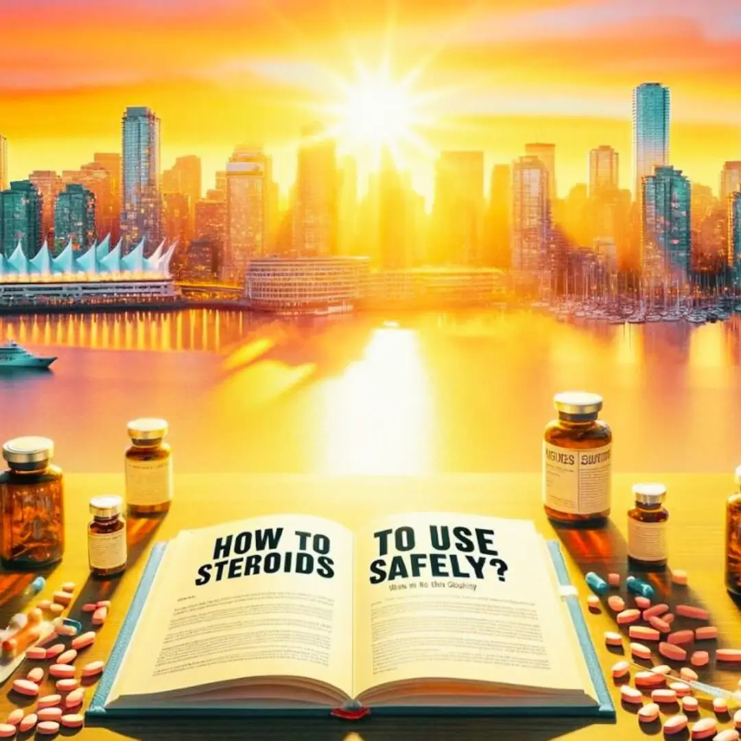 Open book discussing safe steroid use, surrounded by medication and set against a Canadian city skyline at sunset, emphasizing informed use in fitness.