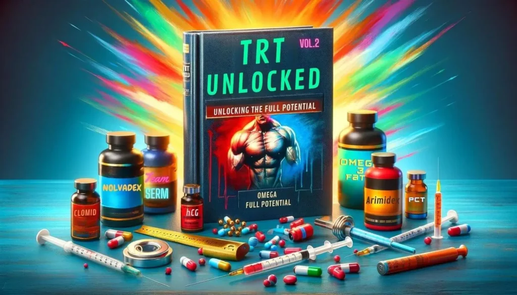 Assorted TRT supplements and educational guide on a vibrant background