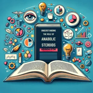 Illustrative image depicting an open book about anabolic steroids surrounded by icons representing health, science, and fitness.