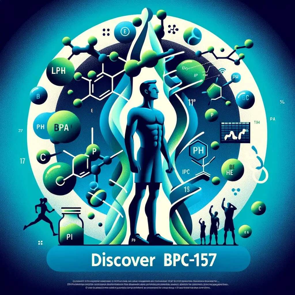 Illustrative representation of a man with a backdrop of molecular structures symbolizing the healing properties of the peptide BPC-157.
