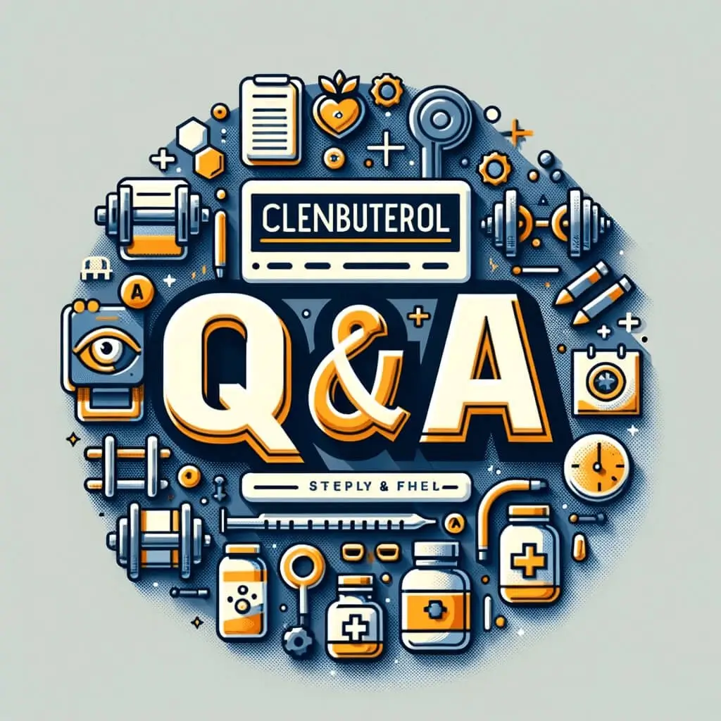 Graphic illustration for Clenbuterol Q&A featuring health and fitness icons, emphasizing safe weight loss and fat burning practices.
