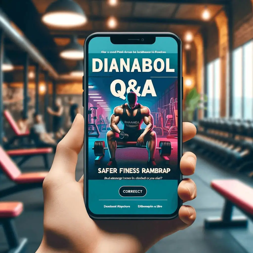 Mobile screen showing Dianabol Q&A app with a fitness illustration, providing guidance on safe usage and combining with testosterone.