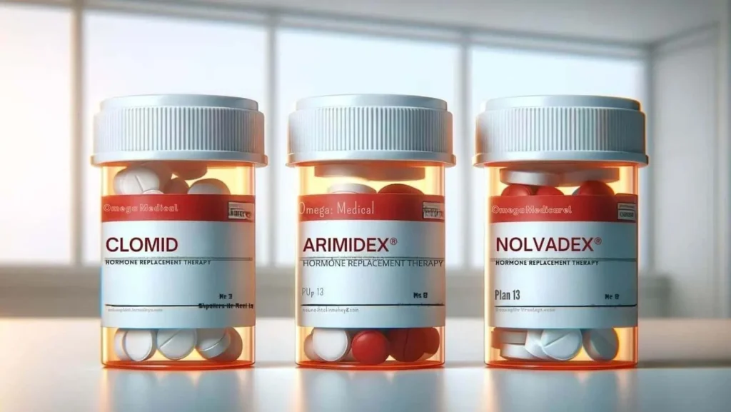 HRT medications Clomid, Arimidex, and Nolvadex on a bright backdrop