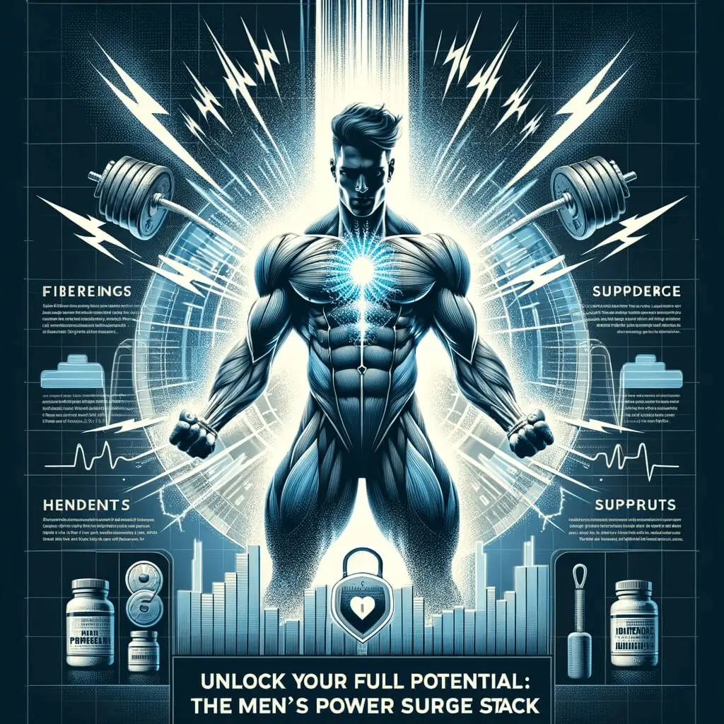 Illustration of a muscular man with a glowing chest surrounded by fitness icons, symbolizing the strength-enhancing Men’s Power Surge Stack.