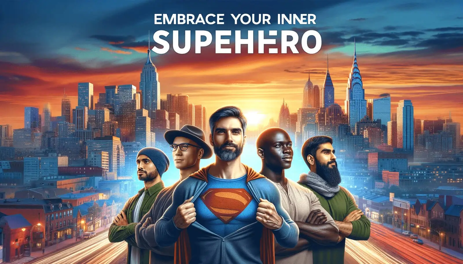 Group of diverse men in a city, one opening his shirt to reveal a Superman logo, illustrating the empowering effect of Superman Pills Canada for ED.