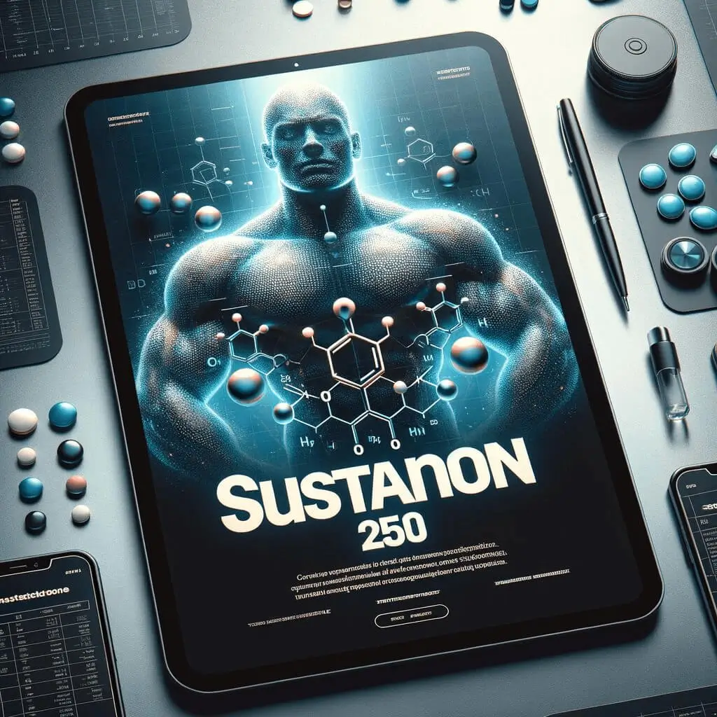 Digital image of a muscular figure on a tablet screen, with molecular structures, highlighting Sustanon 250, a testosterone blend for muscle growth.