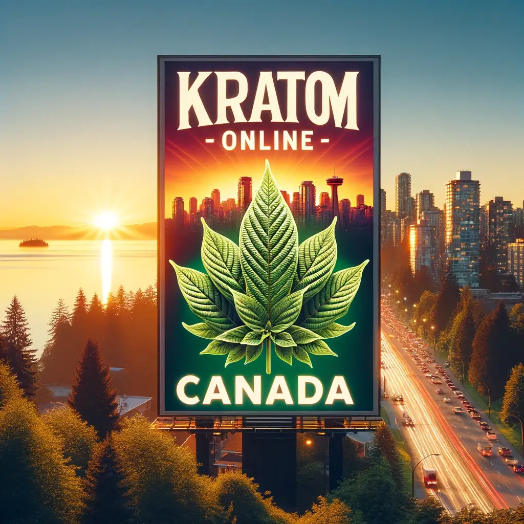Vancouver skyline with Kratom Online Canada Green Maeng Da Kratom product featured on a billboard, highlighting the natural energy boost and wellness benefits.