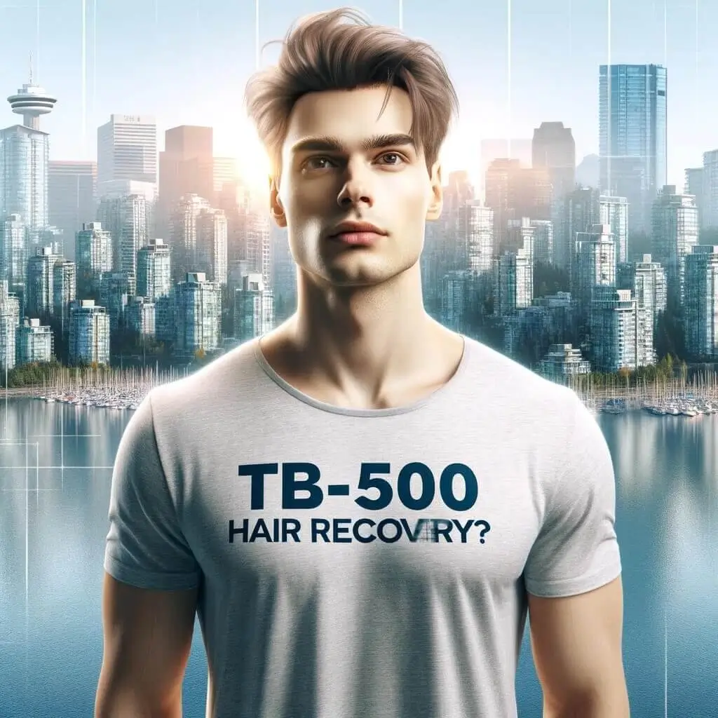 Man with 'TB-500 Hair Recovery?' shirt against Vancouver skyline.