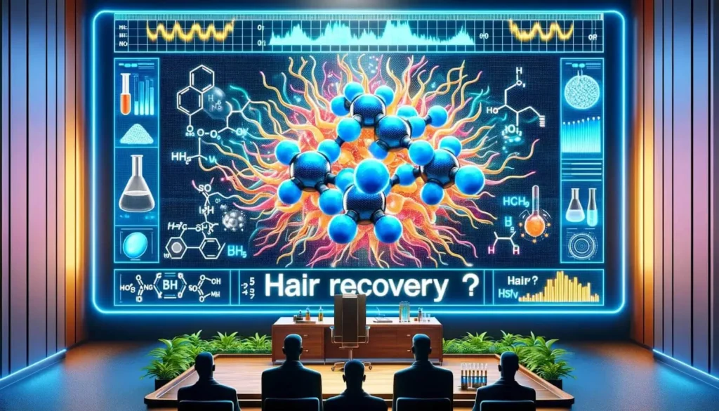 Molecular representation of TB-500's impact on hair recovery during a boardroom presentation.