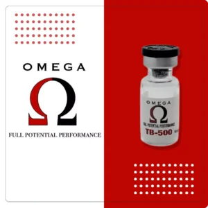 Close-up view of TB-500 peptide bottle by Omega Full Potential for enhanced athletic performance and tissue regeneration.