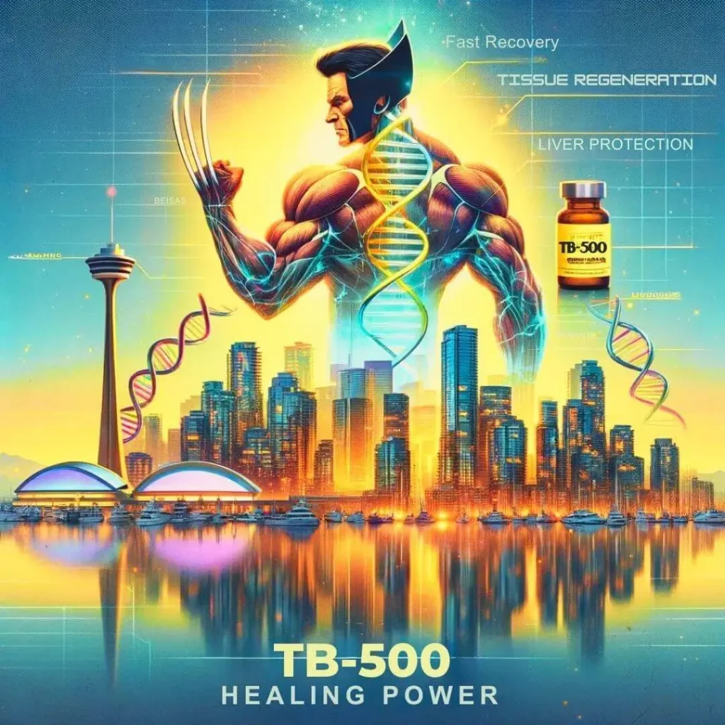 Athlete silhouette with TB-500 peptide showcasing healing and athletic performance enhancement against Vancouver skyline.