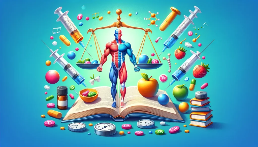 A wide image showing the key elements of Testosterone Replacement Therapy including an open book, syringe, and a balanced, healthy figure.