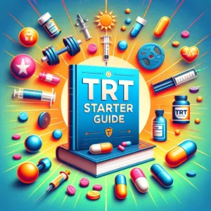 Cover for TRT Starter Guide featuring a book, health supplements, and fitness equipment with a dynamic, colorful background.