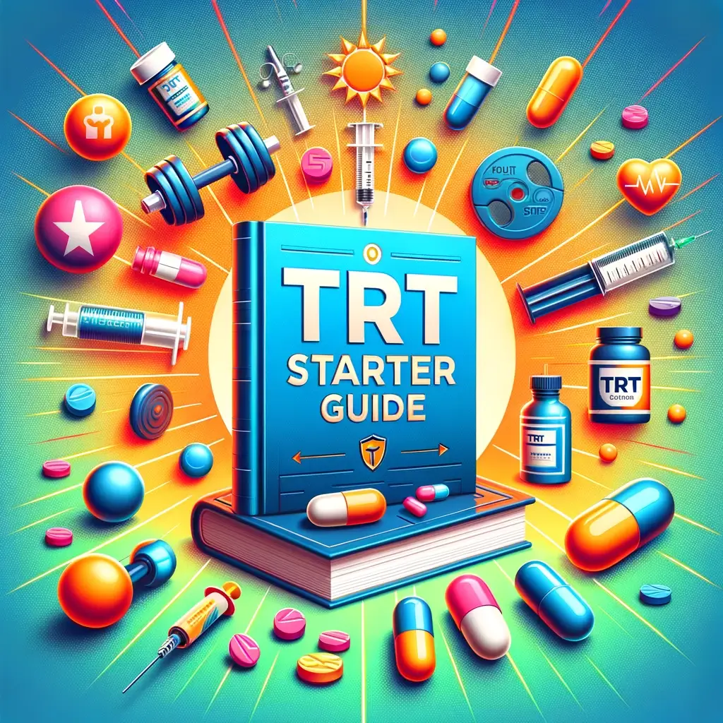 Cover for TRT Starter Guide featuring a book, health supplements, and fitness equipment with a dynamic, colorful background.
