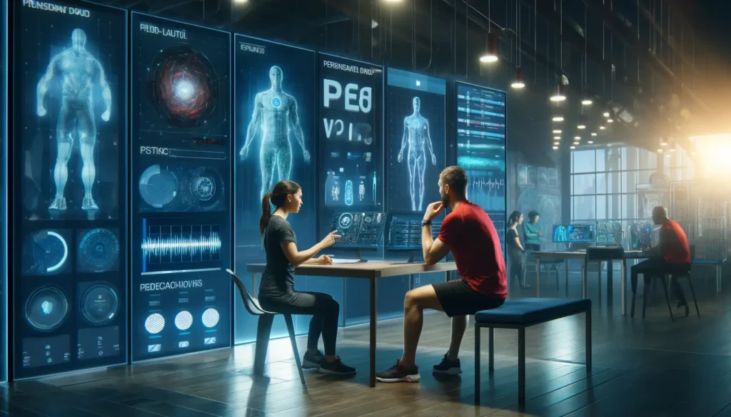 Athlete and trainer discussing over a digital interface with advanced body diagnostics in a futuristic sports science facility.