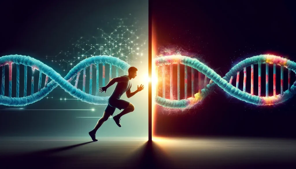 An athlete running towards a glowing transformation point where a regular DNA helix turns into a bright, vibrant one, symbolizing the enhancement through PEDs, with  safety and dosage guidelines.