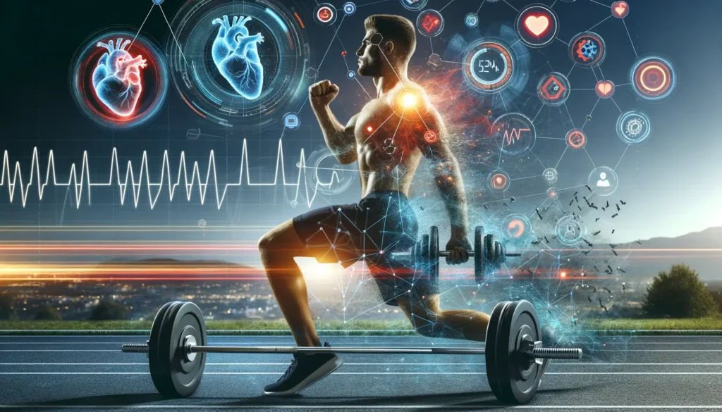 Side view of a man doing lunges with a virtual overlay of health metrics and anatomical structures, symbolizing a holistic approach to fitness.