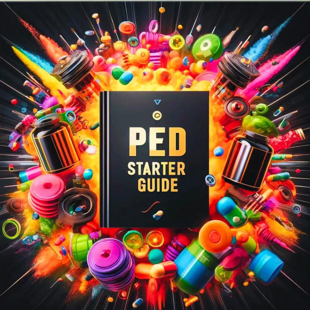 Colorful array of supplement containers and pills radiating from the "PED Starter Guide" book cover for Performance-Enhancing Drugs.